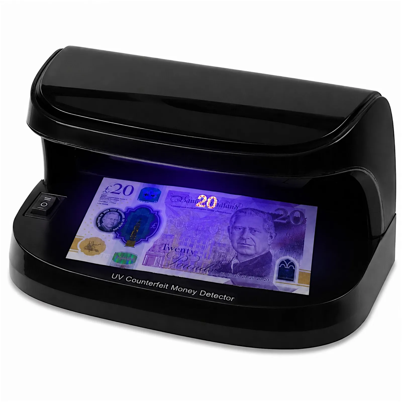 UV counterfeit detector showing a King Charles note with its UV security marks