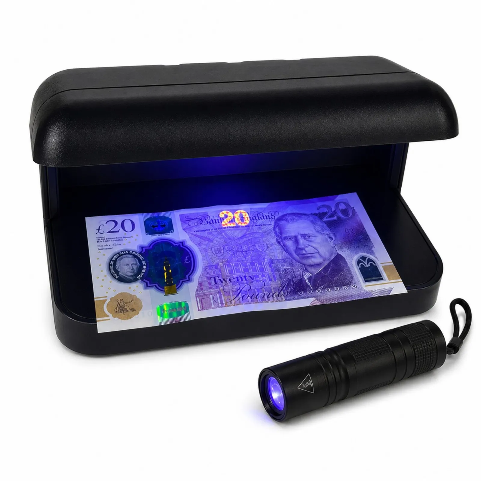King Charles note under UV light with the security mark visible in the middle